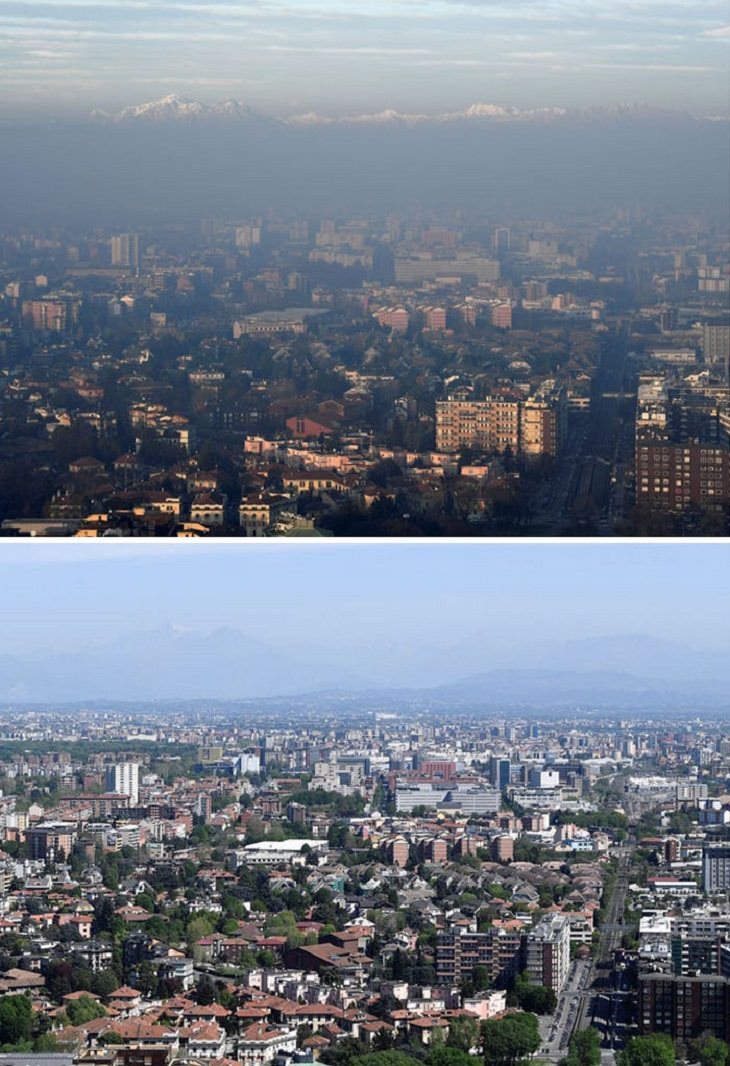 Before and After pictures that show comparisons of the reduced air pollution in cities around the world during the COVID-19 quarantine and lockdown, Milan, Italy