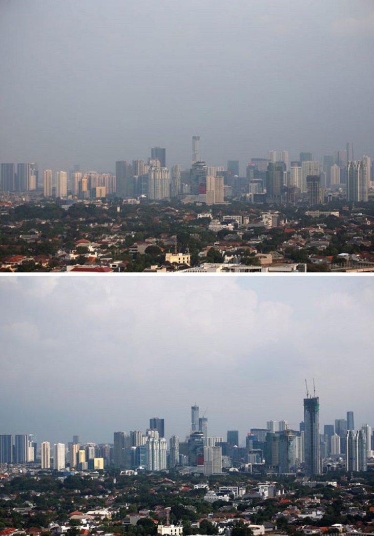 Before and After pictures that show comparisons of the reduced air pollution in cities around the world during the COVID-19 quarantine and lockdown, Jakarta, Indonesia