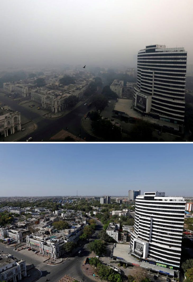 Before and After pictures that show comparisons of the reduced air pollution in cities around the world during the COVID-19 quarantine and lockdown, New Delhi, India