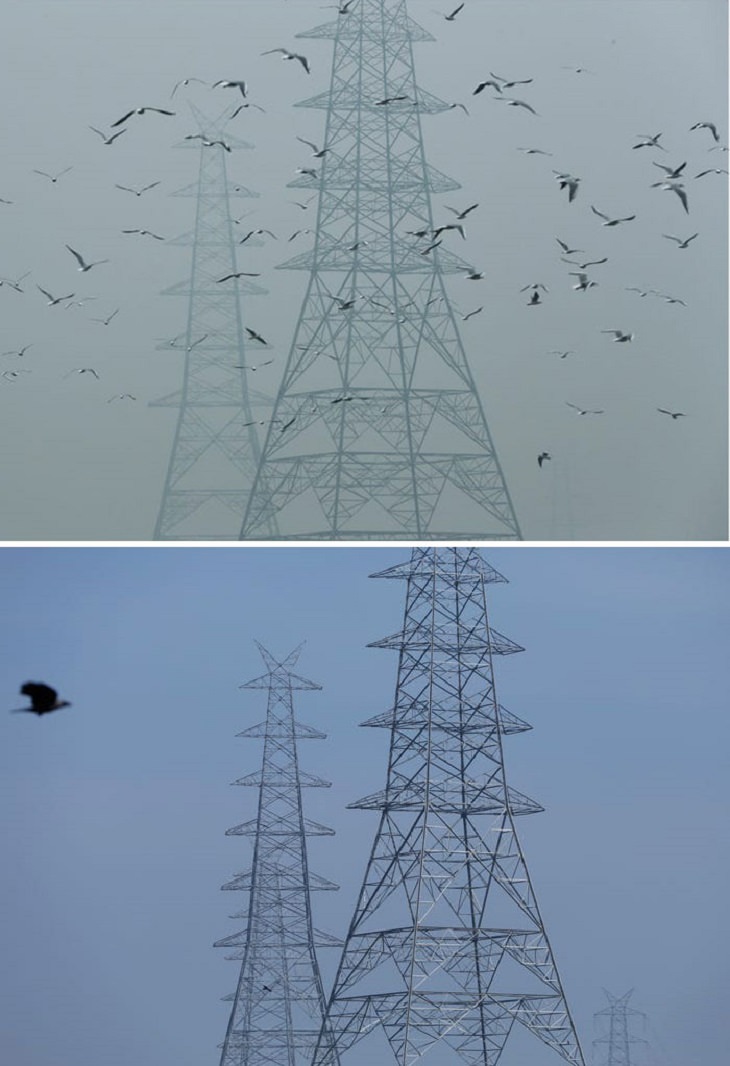 Before and After pictures that show comparisons of the reduced air pollution in cities around the world during the COVID-19 quarantine and lockdown, Electricity Pylons, New Delhi, India
