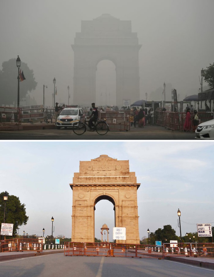 Before and After pictures that show comparisons of the reduced air pollution in cities around the world during the COVID-19 quarantine and lockdown, The India Gate War Memorial, New Delhi, India