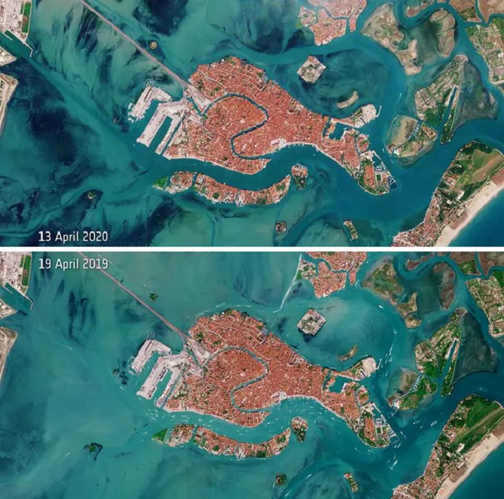 Before and After pictures that show comparisons of the reduced air pollution in cities around the world during the COVID-19 quarantine and lockdown, Venice Lagoons