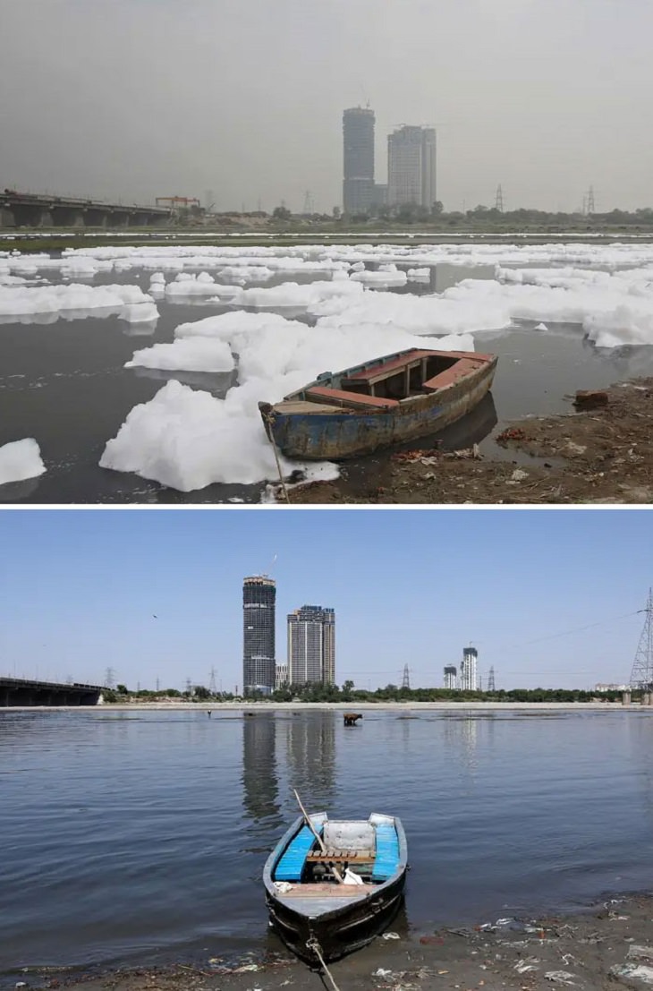 Before and After pictures that show comparisons of the reduced air pollution in cities around the world during the COVID-19 quarantine and lockdown, Yamuna River, New Delhi, India