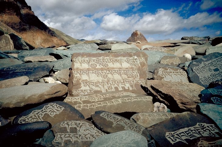 Beautiful scenery, sights and landscapes that can be seen by tourists and travelers in Ladakh, Union Territory in India, Carved stone tablets, each with the inscription "Om Mani Padme Hum" along the paths of Zanskar