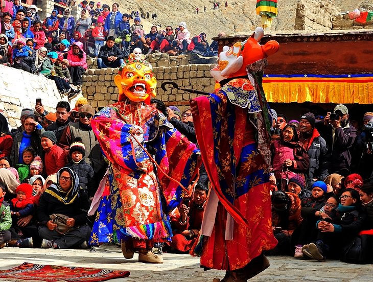 Beautiful scenery, sights and landscapes that can be seen by tourists and travelers in Ladakh, Union Territory in India, Cham dance performed during the Dosmoche festival in Leh Palace
