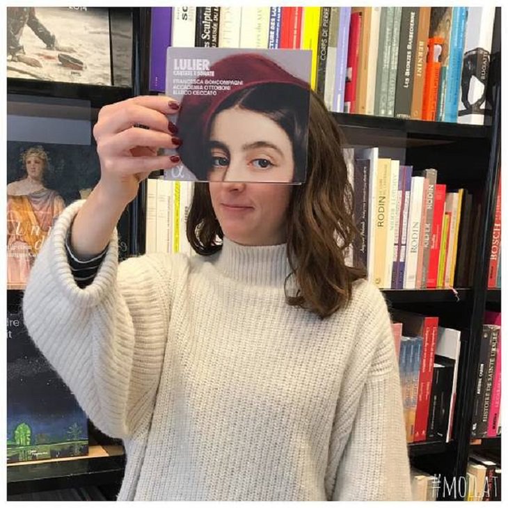 Beautiful, funny and interesting pictures taken by unique French Bookstore Librairie Mollat, of customers posing with various matching book covers