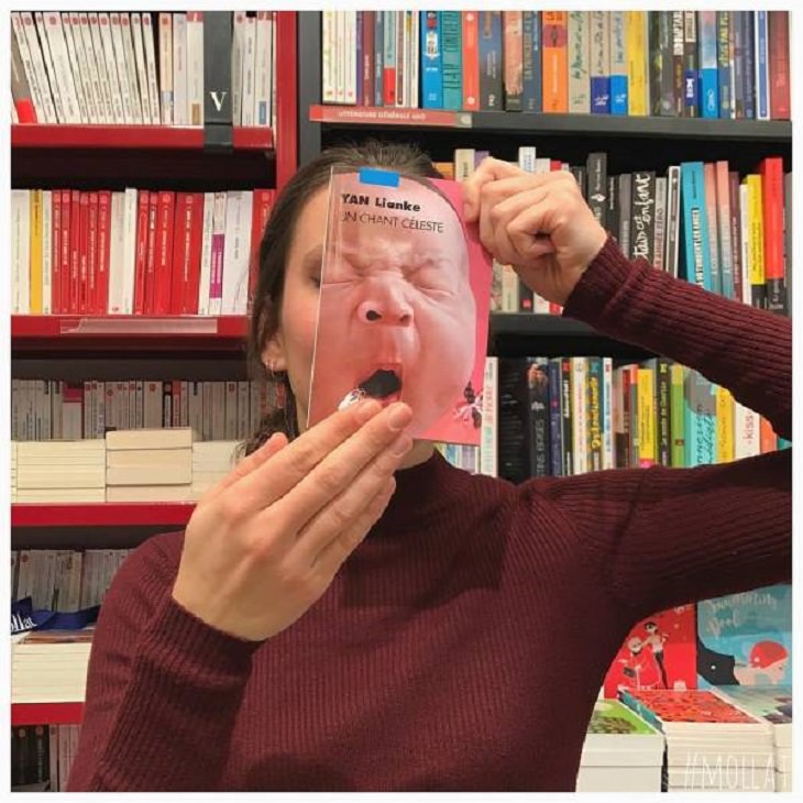 Beautiful, funny and interesting pictures taken by unique French Bookstore Librairie Mollat, of customers posing with various matching book covers