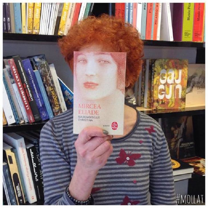 Beautiful, funny and interesting pictures taken by unique French Bookstore Librairie Mollat, of customers posing with various matching book covers