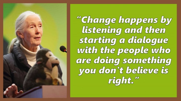 Inspiring and uplifting quotes and words of wisdom from expert on primates, Jane Goodall, Change happens by listening and then starting a dialogue with the people who are doing something you don't believe is right.