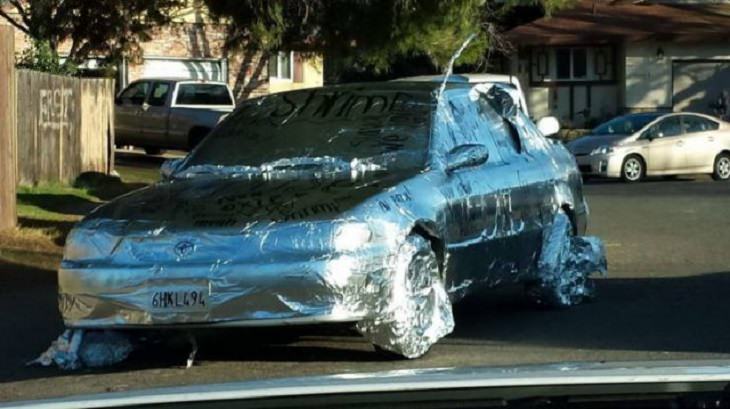 Cars with weird and strange appearances and unique features, car wrapped in tin foil