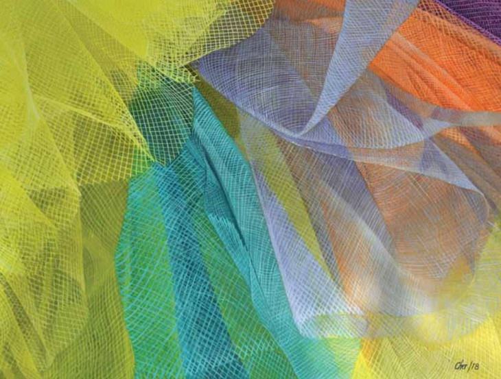 Winning Paintings entered into Artists Magazine Over 60 Art Competition organized by the Artists Network, Tulle Rainbow (acrylic on paper, 17×21) by Cher Pruys from Devlin, Ontario