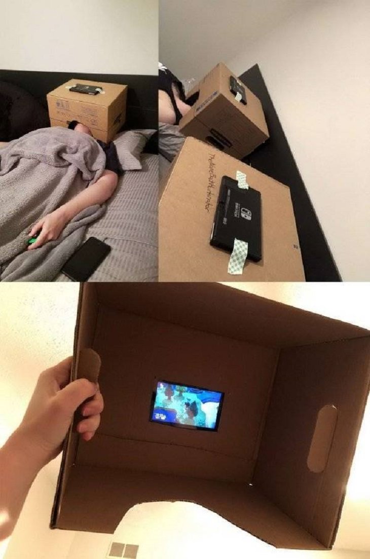 Makeshift and band-aid solutions, DIY quick fixes using common items found all over the house, box with a phone taped to it and hole for the screen to watch