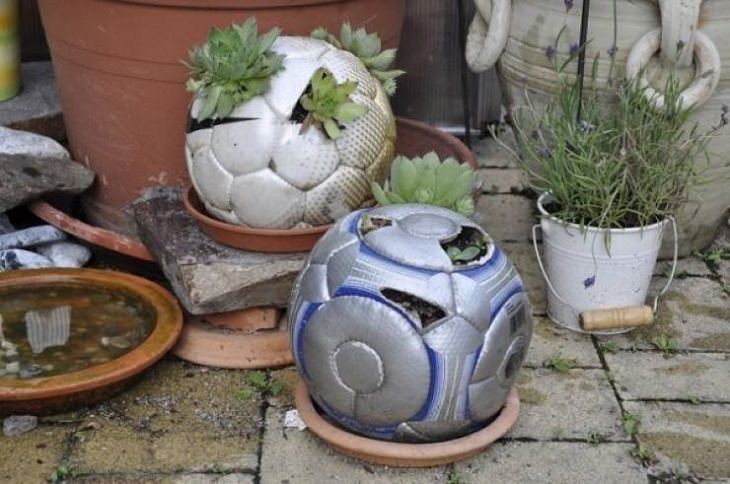 Makeshift and band-aid solutions, DIY quick fixes using common items found all over the house, plants growing in old and tattered soccer balls
