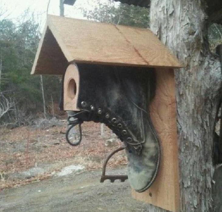 Makeshift and band-aid solutions, DIY quick fixes using common items found all over the house, bird house made of a boot