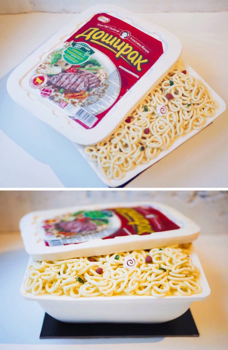 Interesting and creatively designed cakes that look too realistic to eat, a cake resembling a box of noodles