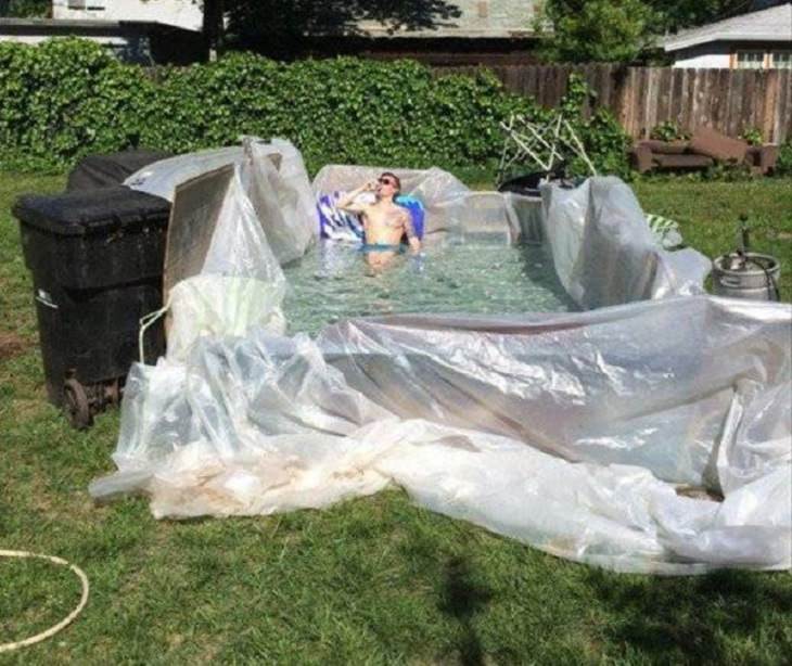 Makeshift and band-aid solutions, DIY quick fixes using common items found all over the house, makeshift backyard pool made from household items and a plastic sheet