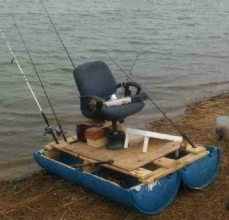 Makeshift and band-aid solutions, DIY quick fixes using common items found all over the house, makeshift fishing raft with a single seat attached
