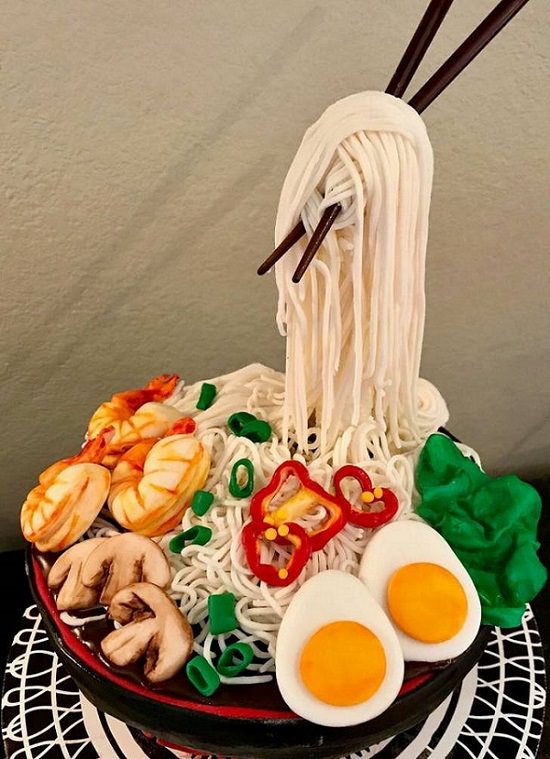 Interesting and creatively designed cakes that look too realistic to eat, cake that resembles a bowl of authentic ramen noodles with veggies and meat and chopsticks