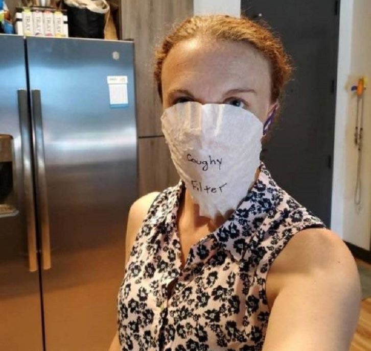 Makeshift and band-aid solutions, DIY quick fixes using common items found all over the house, mask made from a coffee filter with the words “coughy filter” written on it