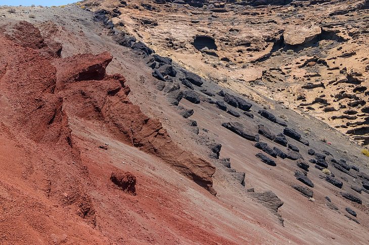 Photographs of the best sights and destinations in Lanzarote, one of the most popular islands in Spain’s Canary Islands, Volcanic layers and rocks at the Caldera El Golfo