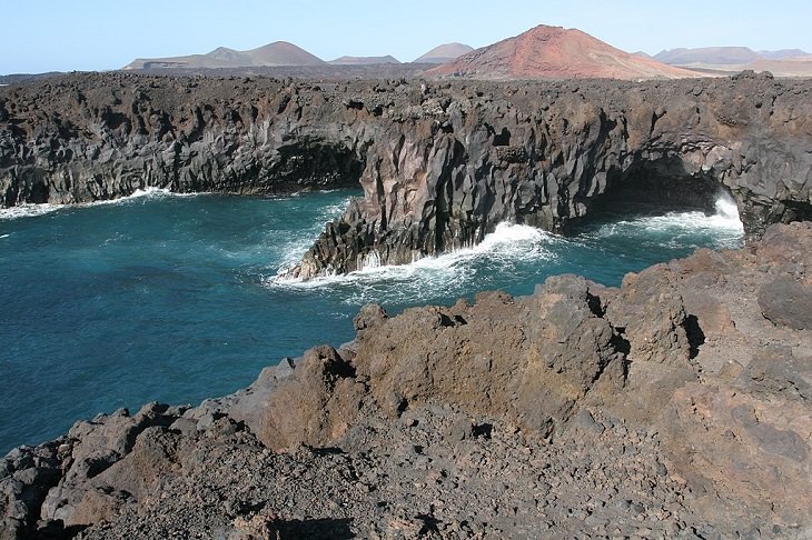 Photographs of the best sights and destinations in Lanzarote, one of the most popular islands in Spain’s Canary Islands, Basalt formation and coast in Los Hervideros on the west coast of the Island