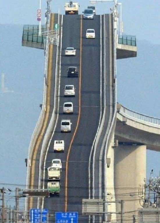 Ordinary objects with unusual appearances or designs, extremely steep bridge in Japan
