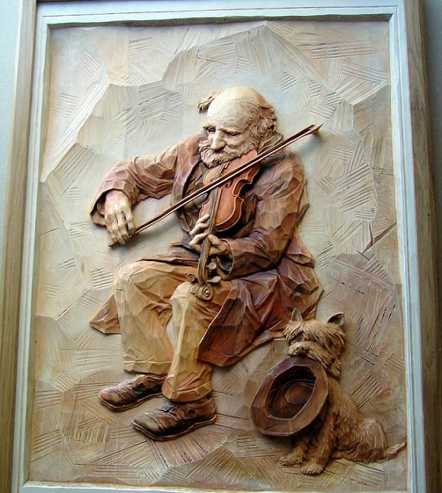 Many beautiful works of art, depicting landscapes, people, still-lifes and other images, carved in wood by master wood worker Evgeny Dubovik
