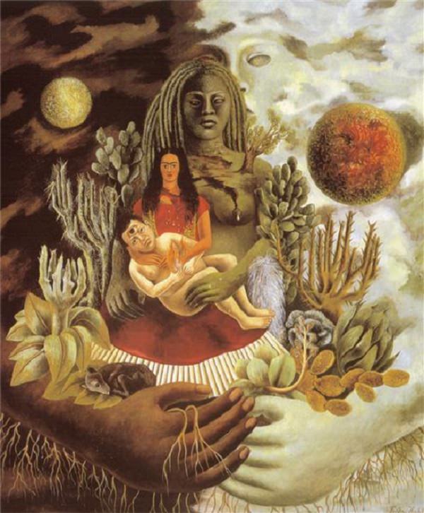Many beautiful works of art, portraits and paintings on the culture of Mexico, made by Mexican Artist Frida Kahlo, The Love Embrace of the Universe, the Earth (Mexico), Myself, Diego and Señor Xólotl