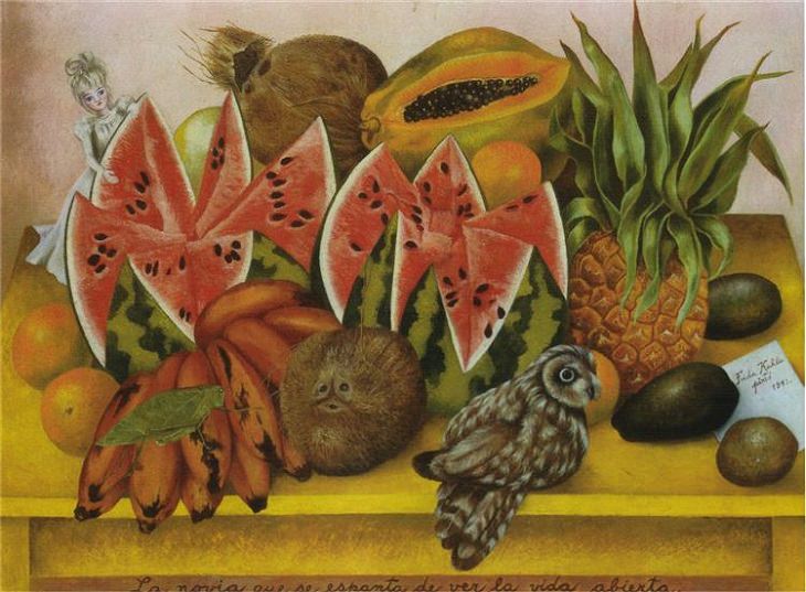 Many beautiful works of art, portraits and paintings on the culture of Mexico, made by Mexican Artist Frida Kahlo, The Bride Frightened at Seeing Life Opened