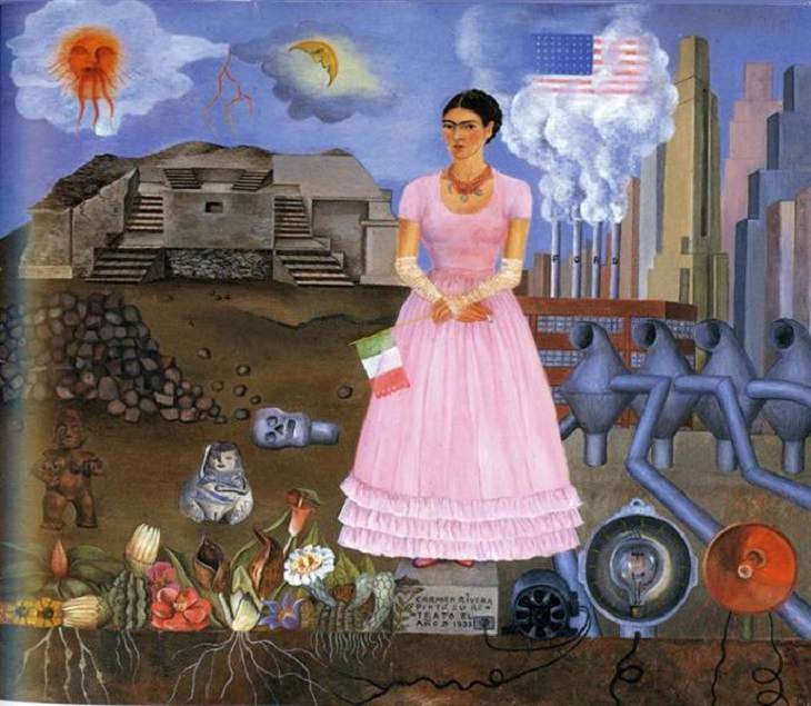 Muitas belas obras de arte, retratos e pinturas sobre a cultura do México, feitas pela artista mexicana Frida Kahlo, auto-retrato na fronteira entre o México e os Estados Unidos
