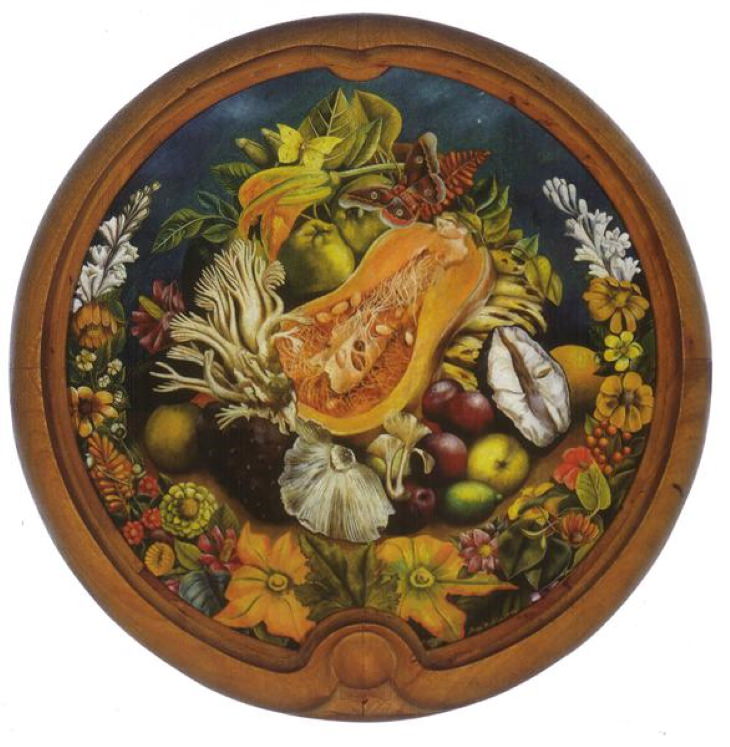 Many beautiful works of art, portraits and paintings on the culture of Mexico, made by Mexican Artist Frida Kahlo, Still Life (Round)