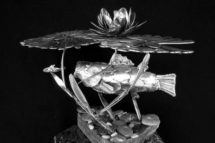 Sculptures welded and made using kitchenware, silverware and other utensils by Ohio Artist diagnosed with Parkinson’s Disease, Gary Hovey, Bass Ecosystem