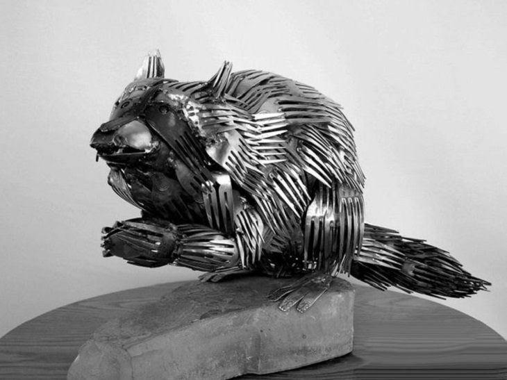 Sculptures welded and made using kitchenware, silverware and other utensils by Ohio Artist diagnosed with Parkinson’s Disease, Gary Hovey, Raccoon
