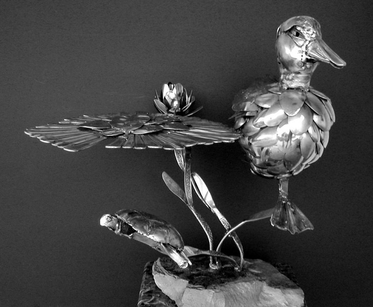 Sculptures welded and made using kitchenware, silverware and other utensils by Ohio Artist diagnosed with Parkinson’s Disease, Gary Hovey, Paddle Duck