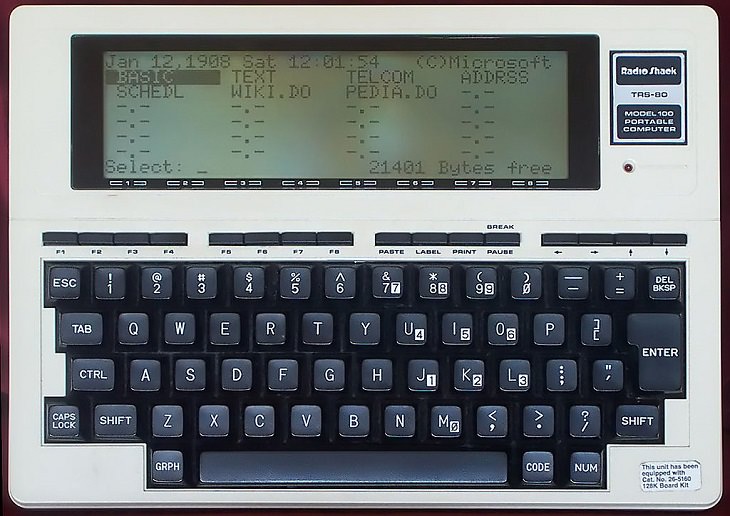 A history of laptops designed as portable computers and micro computers from the 1970’s onward, The Kyotronic 85 (Tandy Model 100), Olivetti M10, NEC PC-8201