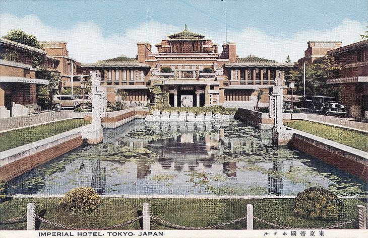 Houses and buildings designed by architect Frank Lloyd Wright, pioneer of organic architecture, prairie school homes and textile block buildings, The Imperial Hotel, Tokyo, Japan