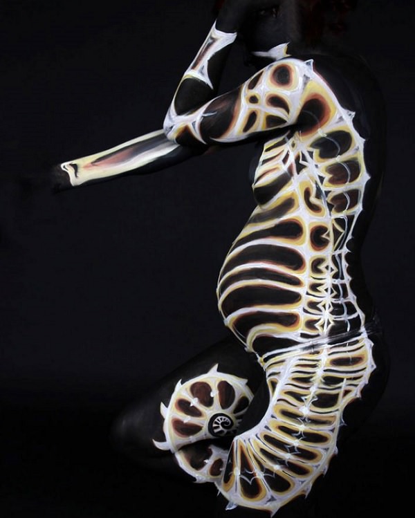 Beautiful works of body art which are painted to give the illusion of things in nature and the world, seahorse, Gesine Marwedel