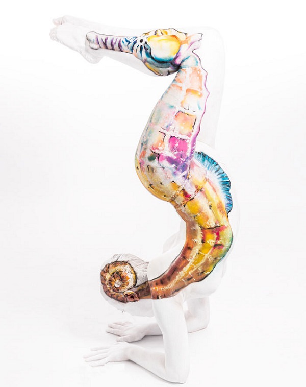 Beautiful works of body art which are painted to give the illusion of things in nature and the world, Emma Fay, Seahorse