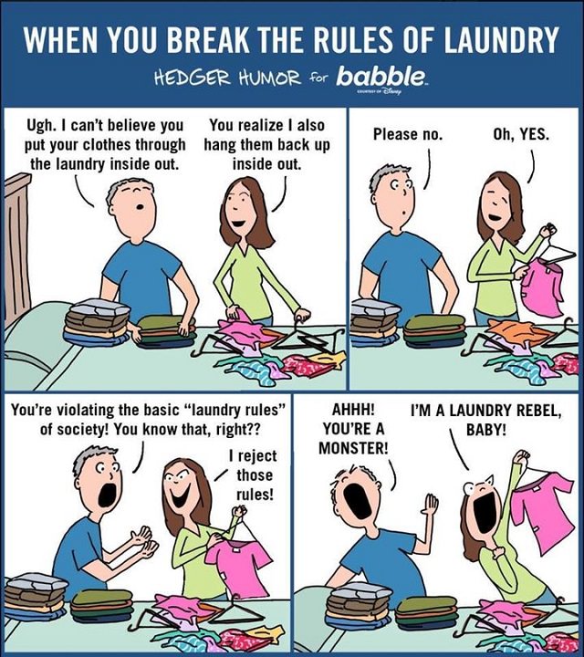 Hilarious Comics and cartoons on married like from Adrienne Hedger, creator of Hedgers Humor, when you break the rules of laundry 