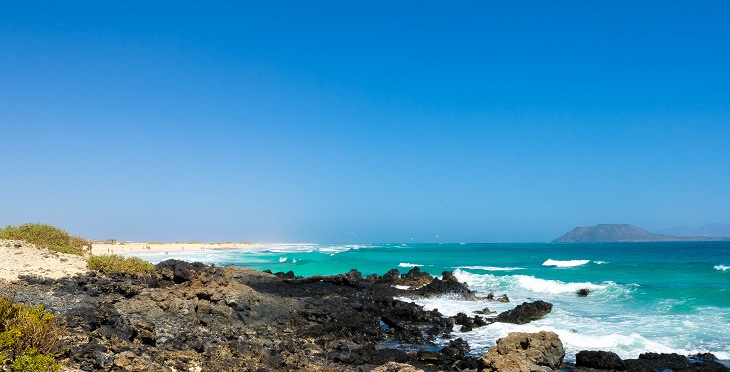 Beautiful sights, beaches, geological formations and cultural activities of Fuerteventura, the oldest and second largest of the Canary Islands, Corralejo Beach, located in Corralejo Natural Park