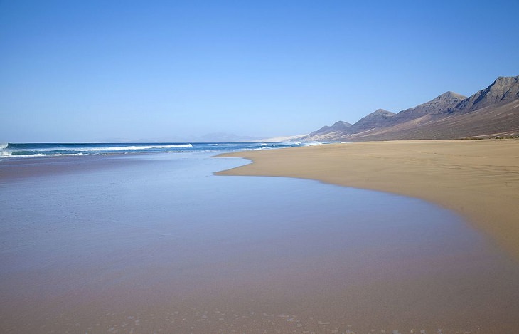 Beautiful sights, beaches, geological formations and cultural activities of Fuerteventura, the oldest and second largest of the Canary Islands, Cofete Beach, also known as Playa de Cofete, a Special Area of Conservation on the Island