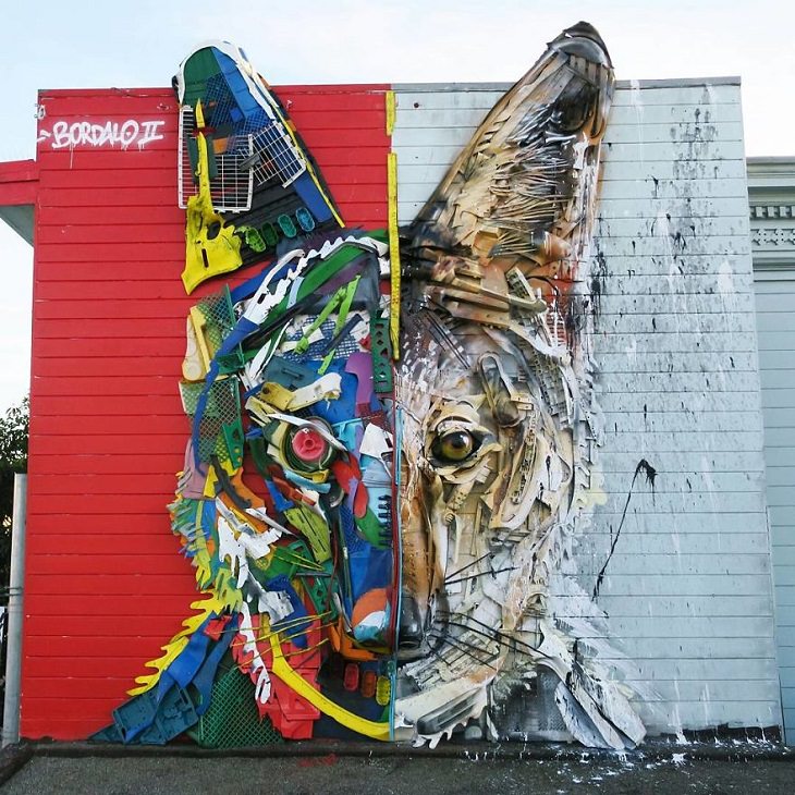Animal Sculptures made of Trash by Portuguese Artist Artur Bordalo (Bordalo II), with an important anti-pollution message about the environment, ​wolf, dog