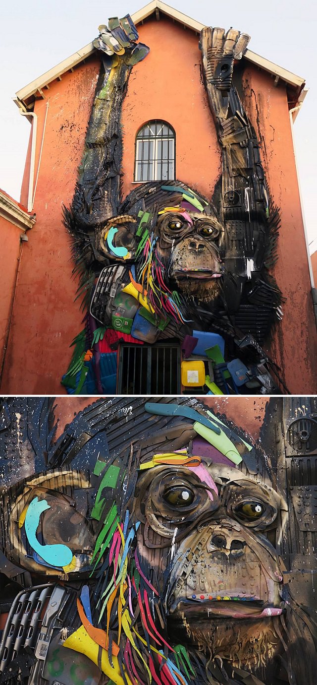 Animal Sculptures made of Trash by Portuguese Artist Artur Bordalo (Bordalo II), with an important anti-pollution message about the environment, ​monkey