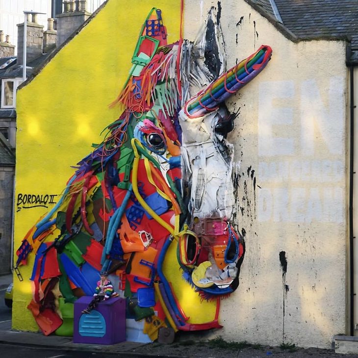 Animal Sculptures made of Trash by Portuguese Artist Artur Bordalo (Bordalo II), with an important anti-pollution message about the environment, Unicorn
