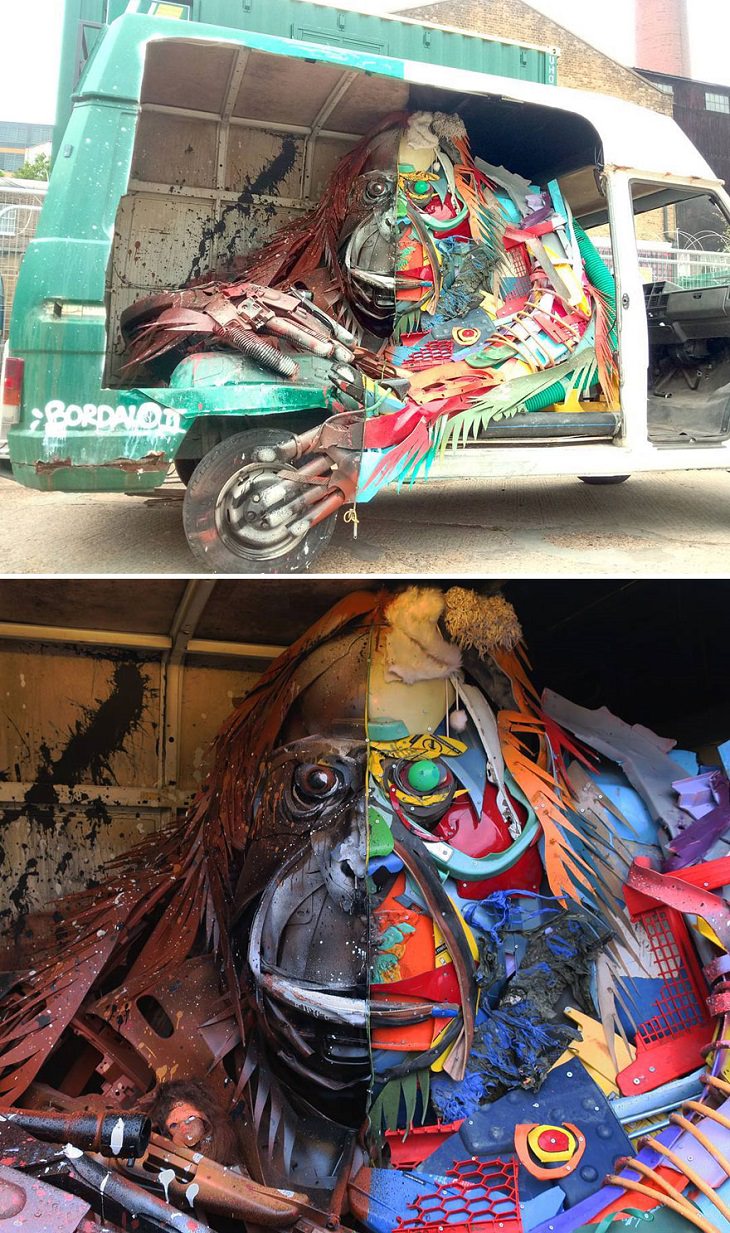 Animal Sculptures made of Trash by Portuguese Artist Artur Bordalo (Bordalo II), with an important anti-pollution message about the environment, ​monkey