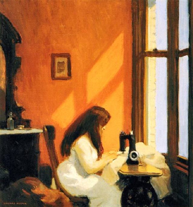 Oil paintings, drawings and other works of art from realist American artist Edward Hopper from New York City, Girl at a Sewing Machine, 1921