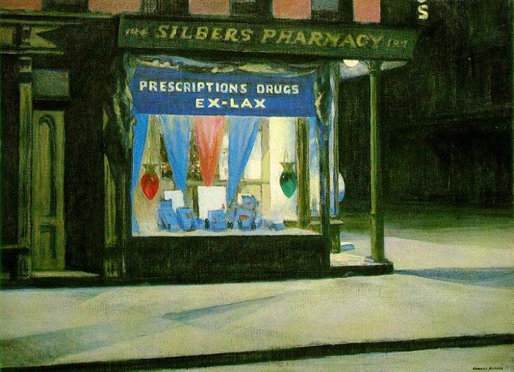 Oil paintings, drawings and other works of art from realist American artist Edward Hopper from New York City, Drug Store, 1927