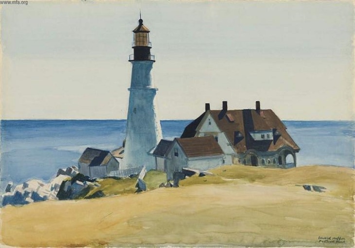 Oil paintings, drawings and other works of art from realist American artist Edward Hopper from New York City, Lighthouse and Buildings, Portland Head, Cape Elizabeth, Maine, 1927