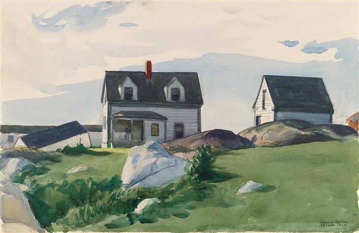 Oil paintings, drawings and other works of art from realist American artist Edward Hopper from New York City, Houses of Squam Light, Gloucester, 1923