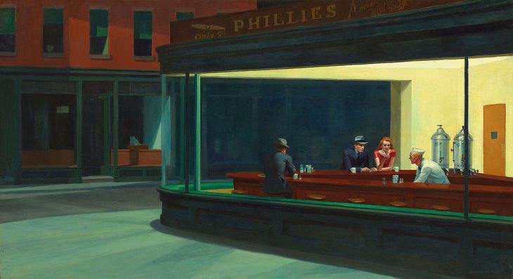 Oil paintings, drawings and other works of art from realist American artist Edward Hopper from New York City, Nighthawks, 1942